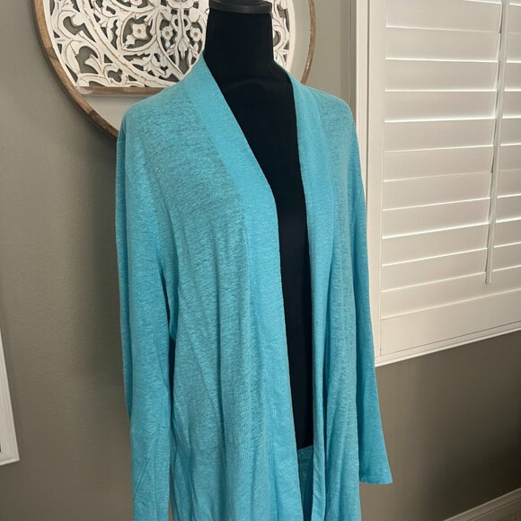 J Jill Open Front Cardigan Sweater Duster Long Linen Aqua Blue SZL Everyday Wear - Picture 3 of 7